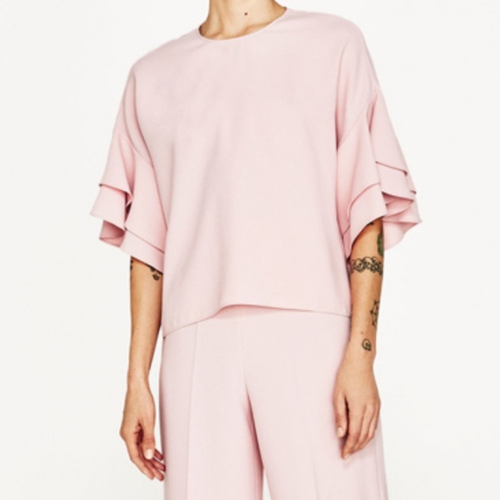 Zara Woman Blush Pink Ruffle Sleeve Blouse